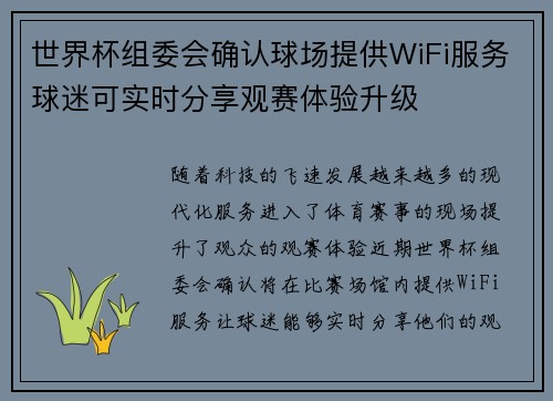 世界杯组委会确认球场提供WiFi服务球迷可实时分享观赛体验升级